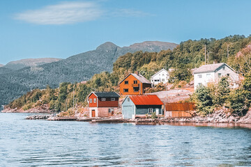 Boathouses on water in stavanger norway