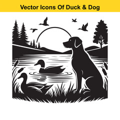 Dog and Duck Vector Illustration Bundle – Hunting, Wildlife, and Animal Interaction Poses