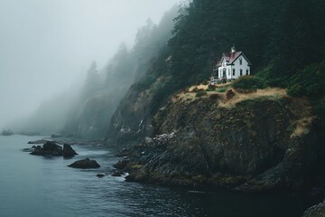 Isolated white lighthouse perched on a misty cliff overlooking a dark rocky coastline