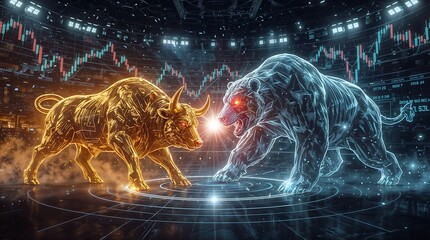 Bitcoin Bull vs. Crypto Bear – Epic Clash in Futuristic Digital Arena (Symbolic Battle of Market Forces)