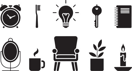 Home and Personal Icons: Toothbrush, Light, Key, Armchair, and Potted Plant

