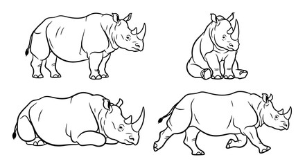 Indian rhinoceros in different poses on white background  