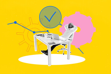 Image full pop trend collage of happy doctor man sit reception workplace table supplies gearwheel...