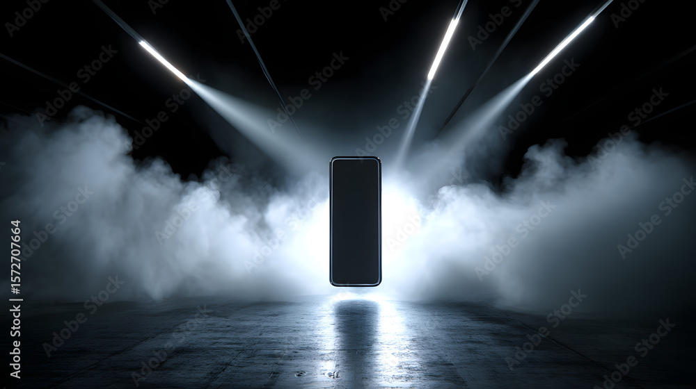 Poster technological aura: a sleek, rectangular device stands centered in a futuristic setting, illuminated