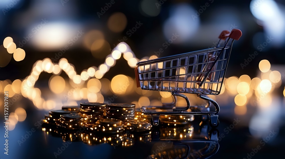Poster shopping cart on reflective surface with glowing fairy lights creating magical bokeh effect in backg