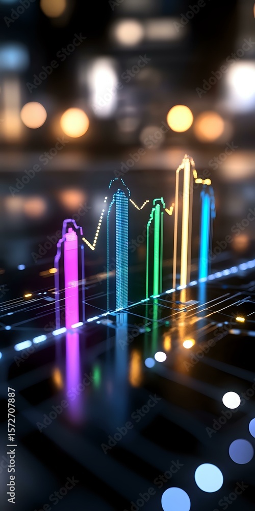 Poster colorful neon bar graph showing financial data analysis with glowing lines and bokeh effects on dark