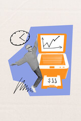 Exclusive creative collage of happy old businesswoman stand laser scanner dollar symbol money...