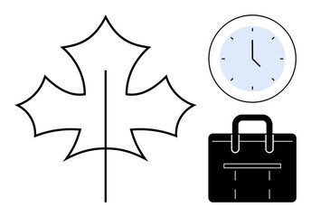 Black-outlined leaf, classic round clock with blue face, and black briefcase. Ideal for time, work-life balance, nature, management, professionalism, productivity minimal visual communication