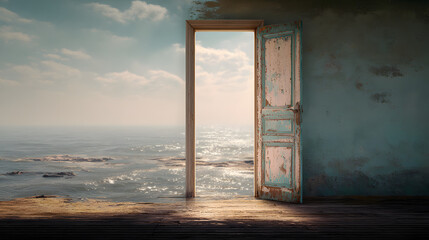 Doorway to Serenity: An open door frames a breathtaking seascape, inviting the viewer to step into a realm of tranquility and boundless horizons, the epitome of hope and freedom.