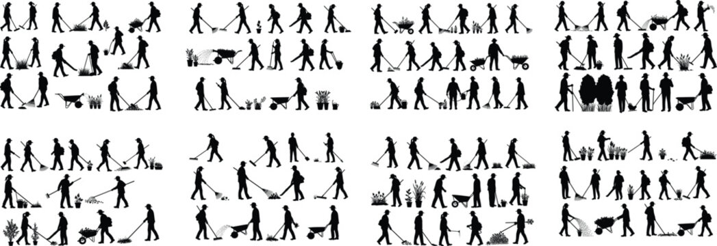 Street Sweeper Worker Silhouette Set. Man Cleaning with Broom, Pushing Wheelbarrow and Cart. Municipal Sanitation Service Vector Icons.