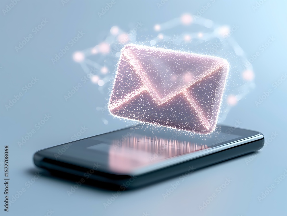 Poster glowing pink envelope icon floating above smartphone screen with sparkle particles effect on blue ba