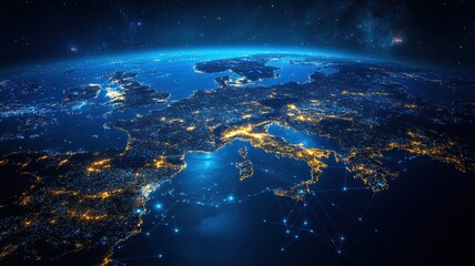 Obraz premium Digital Earth: Global Network Over Europe at Night night network global digital globe planet space