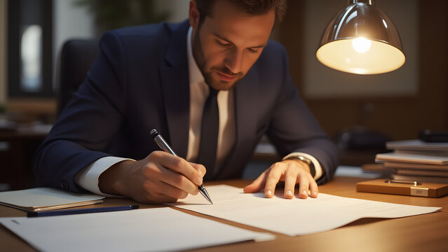 Businessman signing contract, serious expression, warm evening light, professional office setting, detailed close-up.