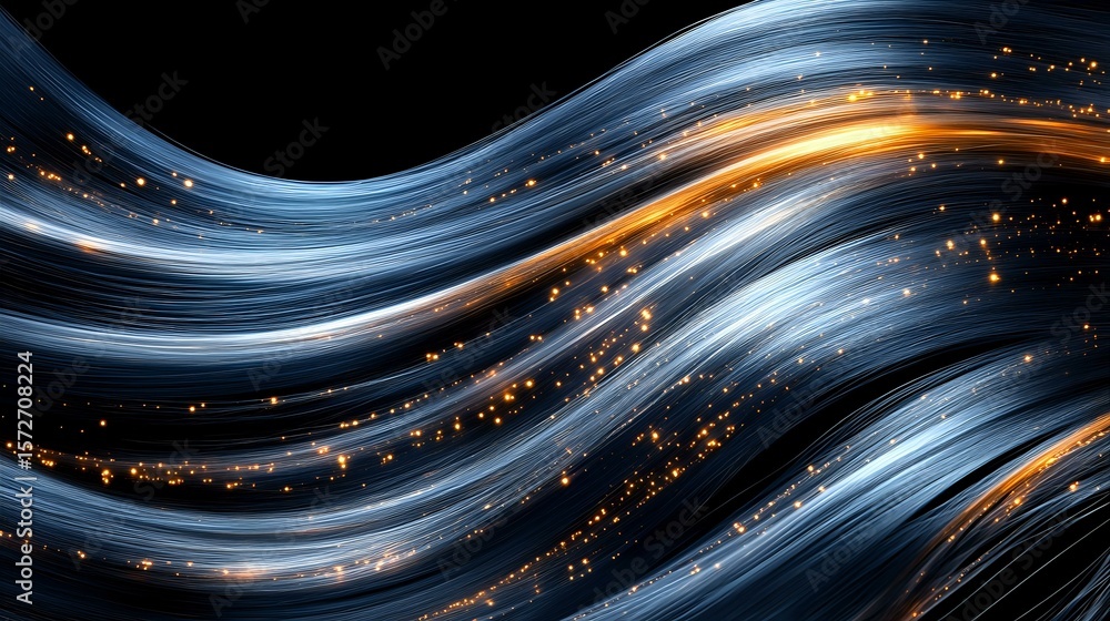 Poster flowing abstract waves in blue and orange colors with glowing light effects and sparkles on black ba