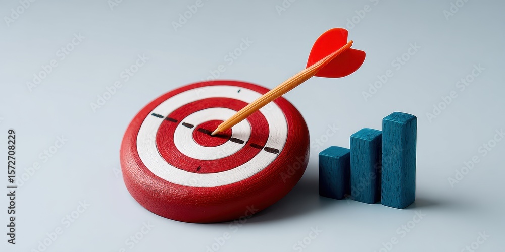 Poster red target with arrow and teal bar graph on gray background