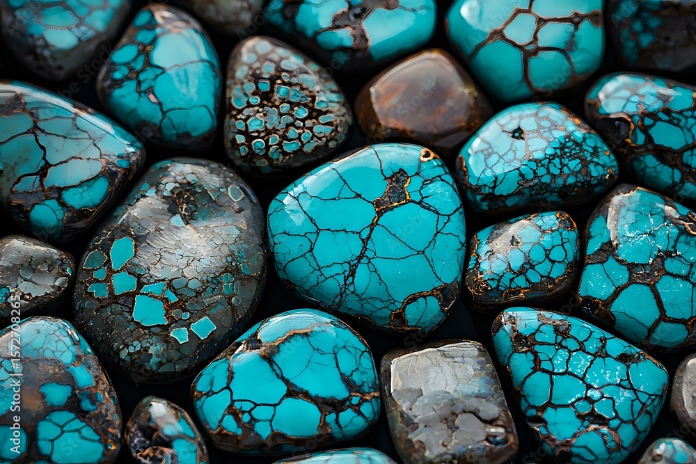 Poster polished turquoise stones with natural web-like patterns and dark matrix veining create striking tex