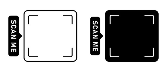 Scan me black frame set. QR code, barcode, scan here, printable scan here sticker template. Vector illustration on transparent png background.