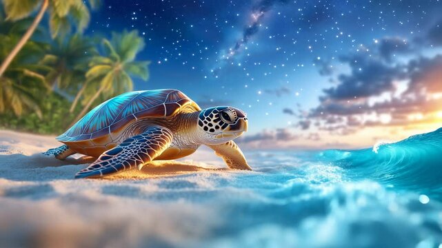 Sea turtle resting on sandy beach with starry night sky, palm trees, turquoise ocean waves. Detailed shell patterns illuminated by sunset light. Dramatic cosmic background with Milky Way.