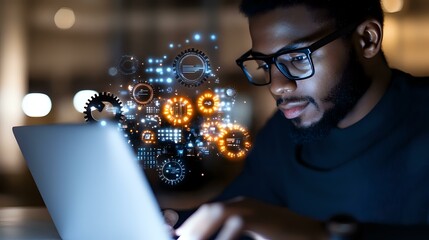 Young African American male professional in glasses and turtleneck working on laptop with glowing digital gears and technology elements emerging from screen in dark office setting.