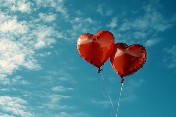Two red heart-shaped balloons floating against blue sky with white fluffy clouds, symbolizing romance and love. Suitable for Valentine's Day cards and romantic designs.