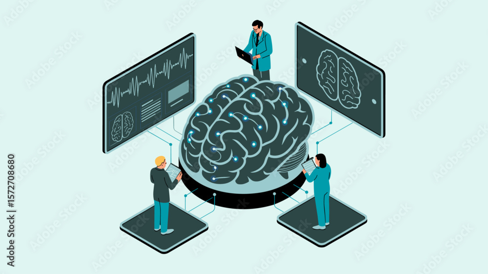 Poster neuroscientists analyzing digital brain model with eeg data, isometric vector illustration for neuro