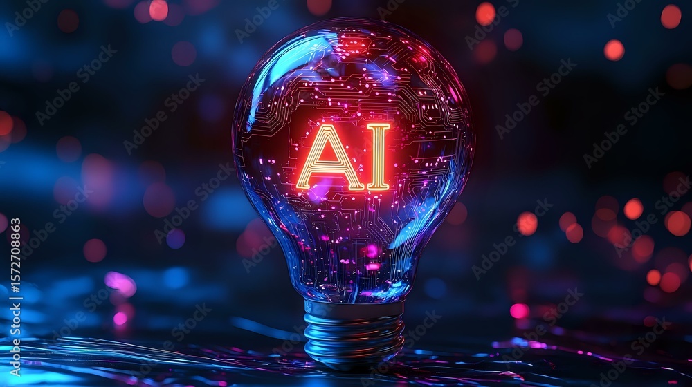 Poster glowing light bulb with red ai text inside surrounded by digital network connections and bokeh light