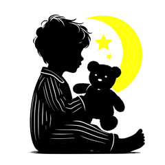 Silhouette of Little Boy in Pajamas Holding Teddy Bear – Sleepwear and Bedding Logo Concept
