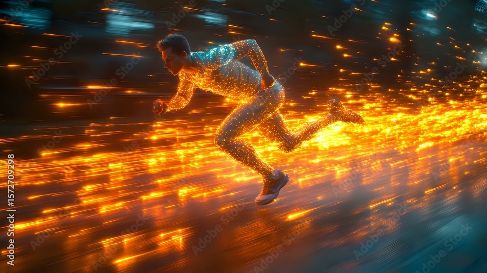 Aufkleber glowing figure runs through dynamic light trails creating dramatic motion effect with orange and blu