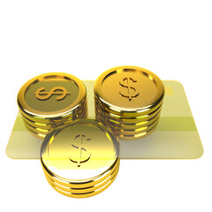 gold coins with yellow credit card isolated