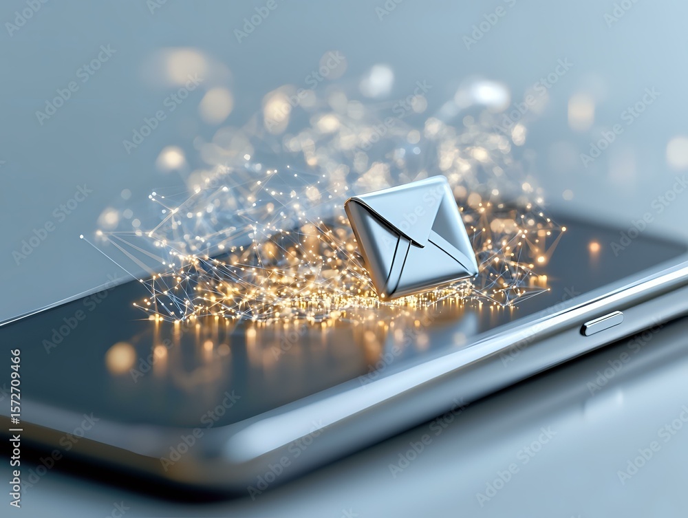 Poster glowing envelope icon floating above smartphone screen with magical sparkles and light particles cre