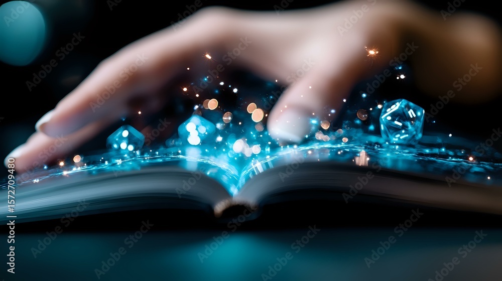 Poster magical glowing particles rise from open book pages with hovering hand in dark setting, creating eth