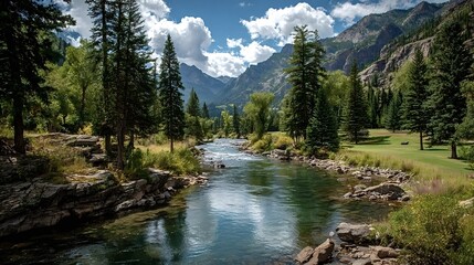 Obraz premium Winding through a vibrant valley, a pristine river flows amidst majestic peaks, evergreen forests, and a clear blue sky dotted with fluffy clouds, embodying tranquility