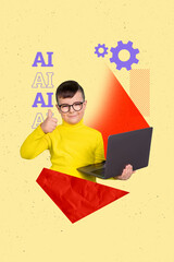 Vertical pop 3d poster banner collage of happy small schoolboy show like gesture hold laptop...