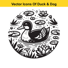 Dog and Duck Vector Illustration Bundle – Hunting, Wildlife, and Animal Interaction Poses