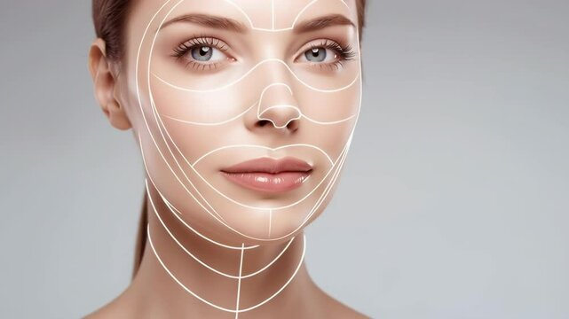 Close-up of a woman's face with smooth skin and digital contour lines indicating cosmetic procedures or facial rejuvenation treatments.