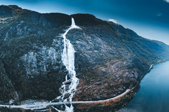 langfoss waterfall aerial shot