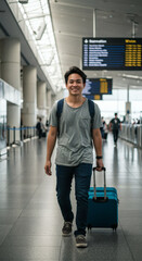 Traveling Man with Suitcase: A cheerful Asian man strolls through an airport terminal, pulling a suitcase while looking towards the camera with a bright smile.