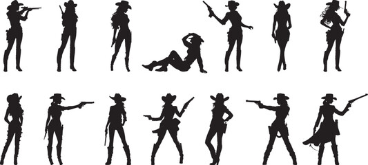 Various styles of cowgirl silhouettes in different poses. 