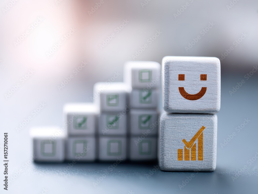 Poster smiling cube graph grey textured cubes showing upward trend and success