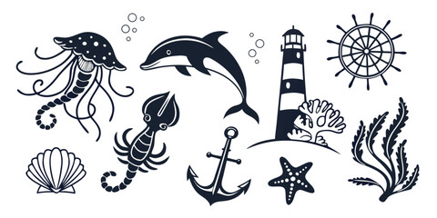 Obraz premium Nautical Collection of Ocean Icons in Monochrome Style in vector