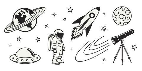 Cute Black and White Space Icons Set in vector