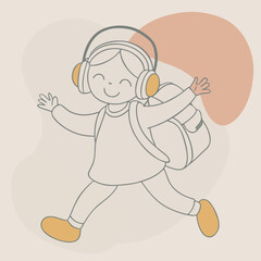 Obraz premium Silhouette of a Little Girl Dancing with Headphones and Backpack
