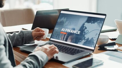 Banker, hands and screen of laptop in office for online platform, algorithm or homepage. Artificial intelligence, businessman or finance research on AI technology in investment banking agency - Powered by Adobe