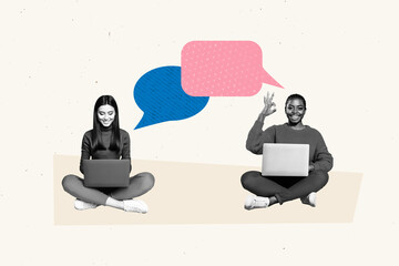 Trend artwork template design 3D collage sketch of two young lady sit work laptop speech cloud app dialog conversation speech sticker