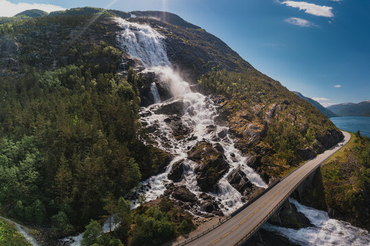 langfoss waterfall aerial shot
