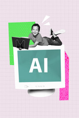 Poster image artwork pop collage of happy schoolboy lay pc monitor artificial technology modern...