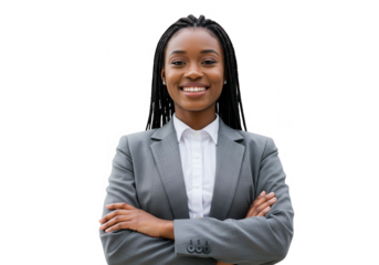 A confident african american businesswoman smiles in a gray suit on white isolated on transparent background
