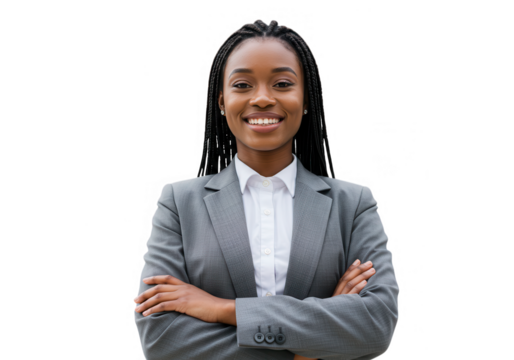 A confident african american businesswoman smiles in a gray suit on white isolated on transparent background