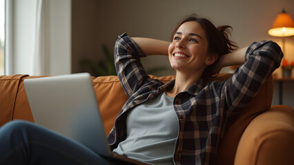 Fototapeta premium Relaxed young woman on couch, using laptop, happy, casual, comfortable home setting.