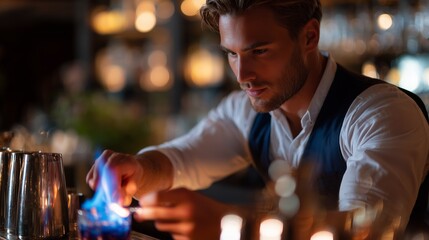 Bartender prepares a flaming cocktail at an upscale bar during a lively evening